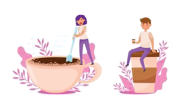 Coffee lovers concept. People drinking hot aroma beverage cartoon illustration vector