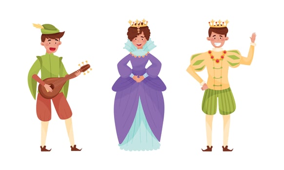 Medieval people set. Minstrel, queen and king European middle ages historical characters cartoon illustration vector