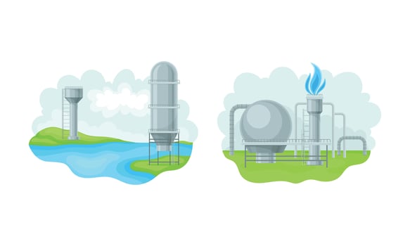 Gas industry production, water tower tank illustration vector