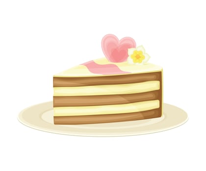 Piece of Cut Wedding Cake and Sweet Pastry with Heart Decor Rested on Plate Closeup Illustration vector