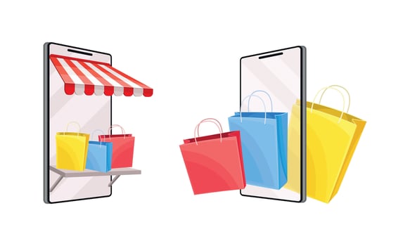Mobile shopping with smartphone app set. Online store, electronic commerce concept illustration vector