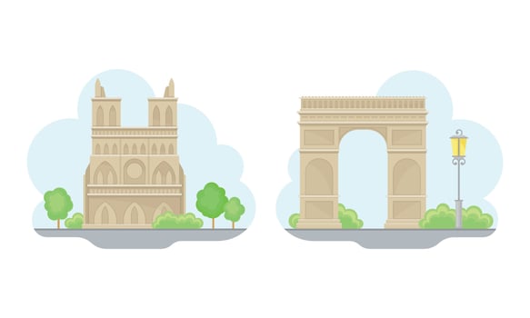 Paris symbols set. Triumphal arch, Notre Dame cathedral France signs illustration vector