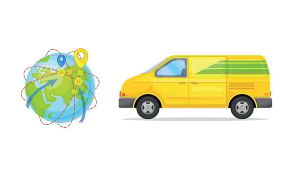 Globe with Navigation Point and Van as Shopping Logistics and Order Delivery Set vector