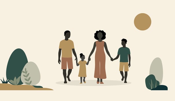 Flat illustration of african american family. Parents and children. Beautiful woman, man and two kids. People with dark skin color. vector