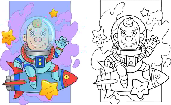 funny astronaut on rocket, coloring page for kids vector