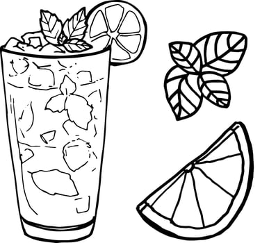 Mojito set cocktail drink, mint, lime, ice hand drawn outline elements vector