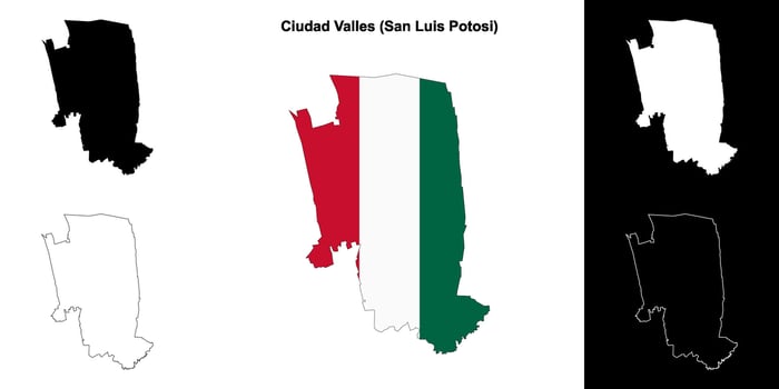 Ciudad Valles municipality, San Luis Potosi outline map set vector