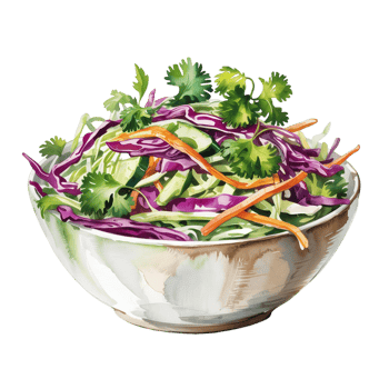 A vibrant bowl of fresh salad features colorful ingredients like purple cabbage, carrot strips, and green cilantro cutouts png