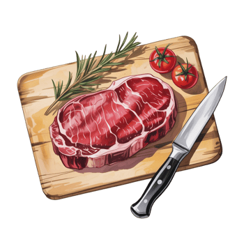 A juicy steak rests on a wooden cutting board alongside two fresh tomatoes and a sprig of rosemary, with a sharp knife placed nearby. cutouts png