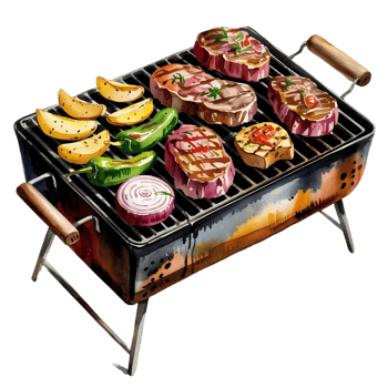 A compact grill is loaded with a variety of foods, including steaks, sliced potatoes, green peppers, onion rings, and seasoned eggplant. cutouts png