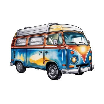 A brightly colored vintage van is adorned with a vibrant design featuring sunburst and sky patterns cutouts png