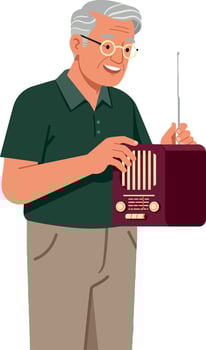 Elderly man listening to vintage radio enjoying leisure time at home illustration vector