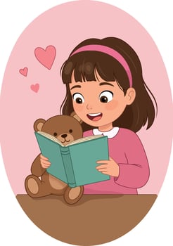 Little girl reading book with teddy bear and pink hearts illustration vector