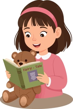 Little girl reading fairy tale book with teddy bear companion vector