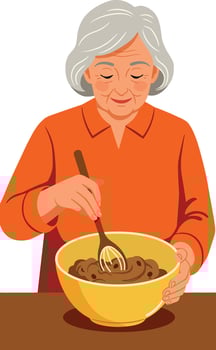 Elderly Woman Mixing Dough in Yellow Bowl with Orange Sweater Illustration vector