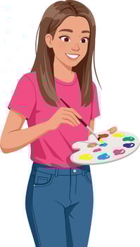 Young woman painting on palette with colorful paints in casual outfit illustration vector