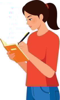Young woman writing in notebook with pen wearing red shirt and blue jeans illustration vector