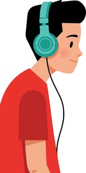 Young man listening to music with teal headphones and red shirt illustration vector