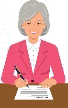 Elderly Woman Signing Document at Desk in Pink Blazer Illustration vector