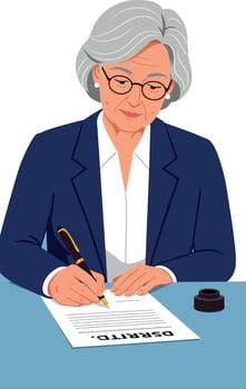 Elderly woman signing document at desk in blue jacket and glasses illustration vector
