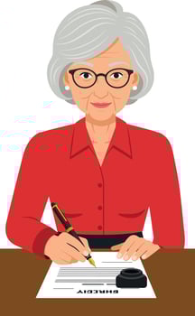 Elderly woman signing birthday card in red shirt illustration vector
