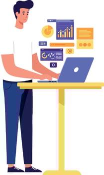 Young man working on laptop with digital analytics and charts in modern workspace vector