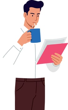 Man drinking coffee while reading document holding blue cup illustration vector