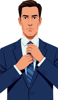 Professional businessman adjusting tie in navy blue suit illustration portrait vector