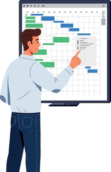Man pointing at project timeline chart on digital board for business planning illustration vector