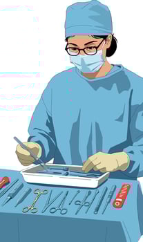 Surgeon Preparing Surgical Instruments in Operating Room Wearing Blue Scrubs and Mask vector