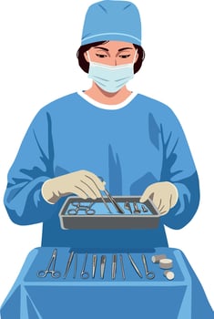Surgeon in blue scrubs organizing surgical instruments for operation preparation illustration vector