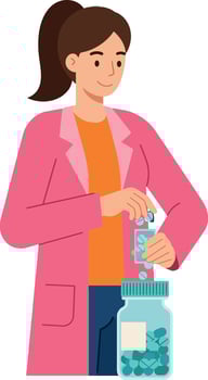 Woman in pink coat preparing pills from bottle in medical setting illustration vector
