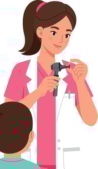 Female Pediatrician Examining Child Patient with Otoscope in Clinic Illustration vector