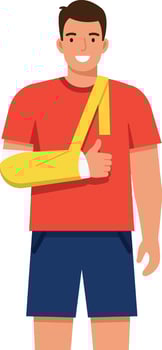 Man with Arm Sling Wearing Red Shirt and Blue Shorts Giving Thumbs Up Illustration vector