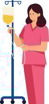Nurse in pink scrubs holding intravenous drip stand medical care illustration vector