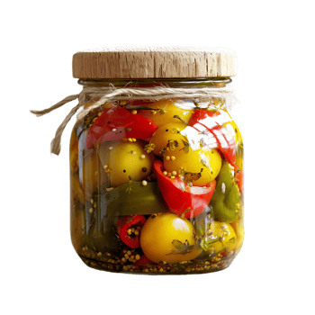 Canned colorful peppers and tomatoes in a glass jar with wooden lid isolated on transparent background png