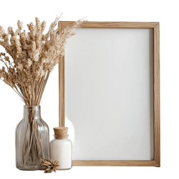 Wooden frame with vase and candle for artwork display template isolated on transparent background png