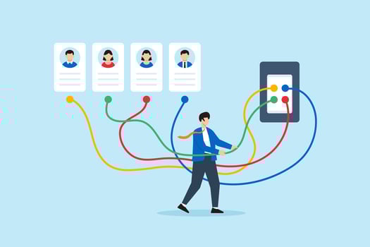 Flat illustration of human resource manager connecting colored wires from candidate profiles to job slot in recruitment panel to match skills and hiring needs vector