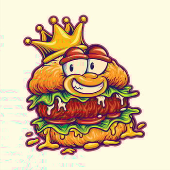 Cartoon Burger King With Golden Crown And Smiling Face vector