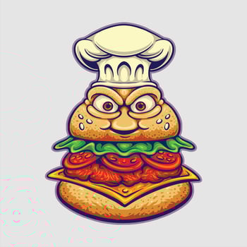 Angry Cartoon Burger Character With Chef Hat Illustration vector