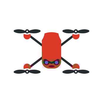 Red quadcopter drone flat flying drone with camera and propellers vector