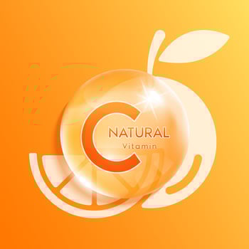 Natural vitamin C drop water on icon orange fruit. Beauty nutrition skincare. Medical scientific concepts. Realistic 3D . vector