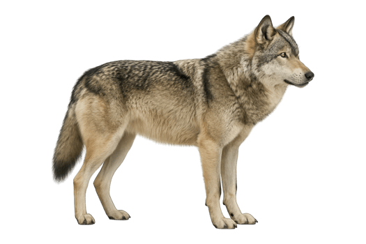 Side view of gray wolf standing alert, isolated on transparent background, png