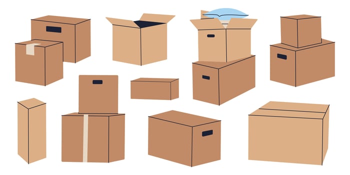 Flat cartoon set of cardboard box icons, open, closed, taped, stacked. Minimalist packaging, delivery and moving illustrations for logistics, shipping, warehouse and relocation, colored clipart vector
