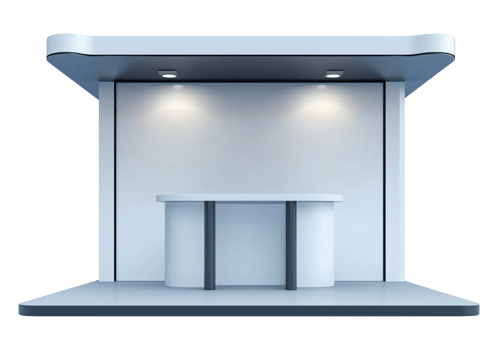 Empty minimalist exhibition stand or trade show booth in light blue color with spotlights, isolated on a transparent background png
