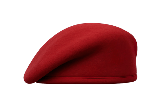Side view of red beret hat with smooth texture, isolated on transparent background, png