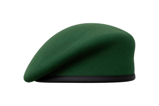 Side view of green military beret hat with leather trim, isolated on transparent background, png