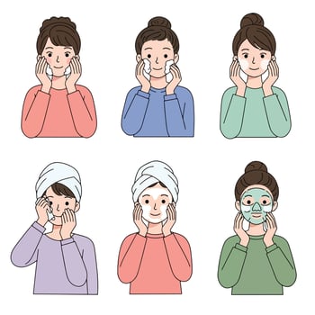 Woman doing skincare routine with facial mask vector