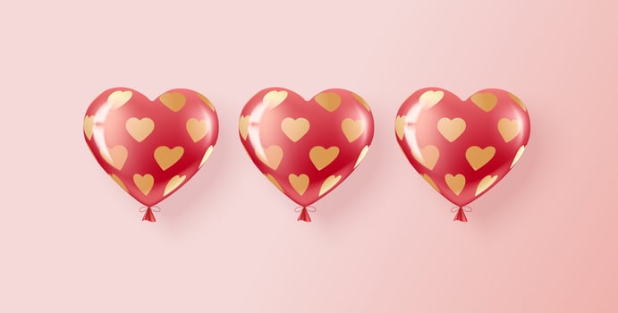 Three red and pink helium balloons in a pattern of golden hearts. vector