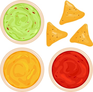 Bowls of avocado guacamole dip, tomato salsa, cheese sauce and nachos chips. Mexican food and tortillas. Top view. vector
